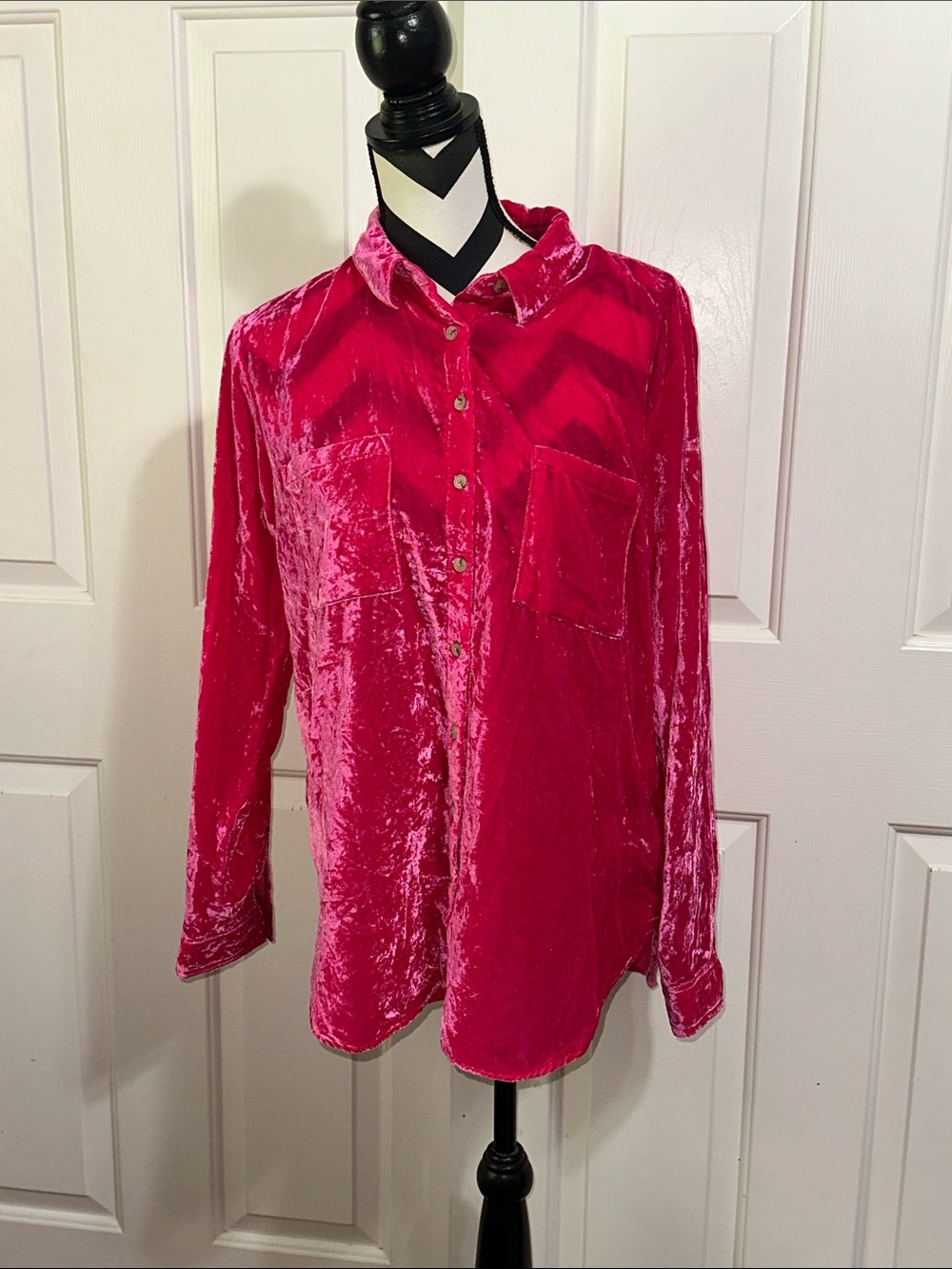 Pilcro Crushed Velvet Button-Down Shirt in Hot Pink